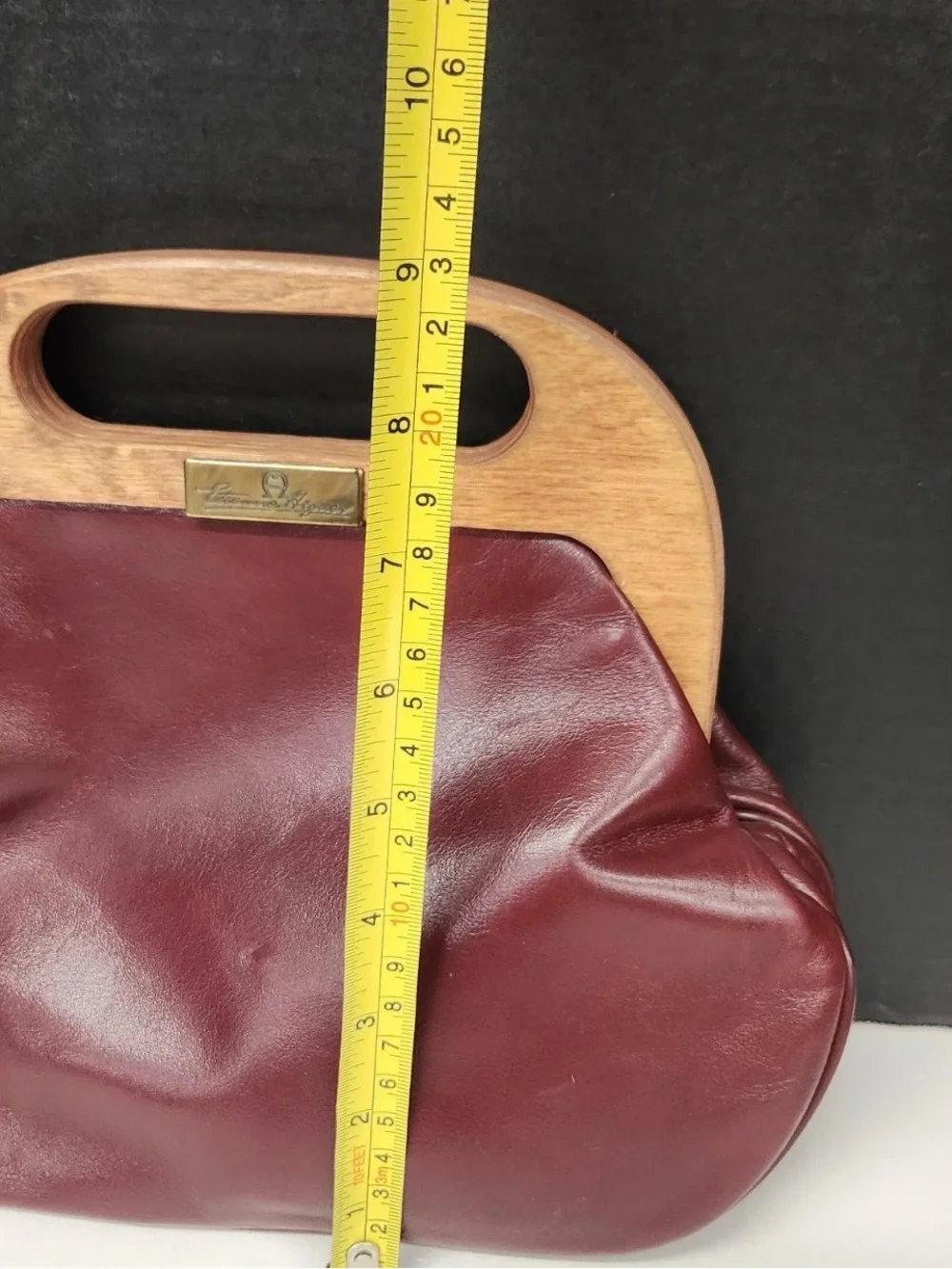 Vintage Leather Tote Bag with Wooden Handle - Oxblood